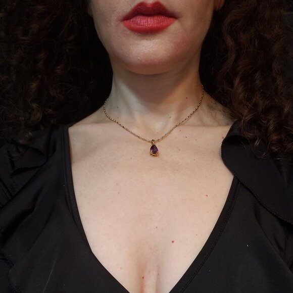 Goldplated Sterling Silver (gold coloured) 16" Necklace with Amethyst Pendant - Picture 2 of 4